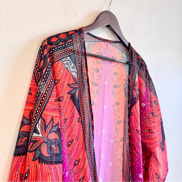 Boho Festival Sheer Kimono Duster Cardigan Red Pink Ombre Paisley XL - Picture 2 of 8